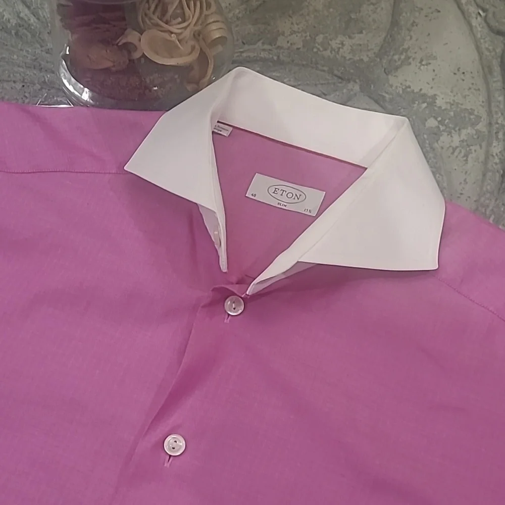 Eton Mens Slim Semi-Twill Contrast Collar Pink Dress Shirt Like New 15 3/4 - Picture 3 of 12